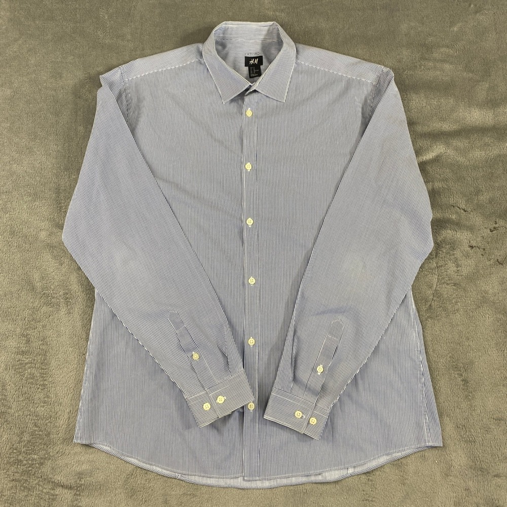 H&M Button Down Shirt Mens XL‎ Blue White Easy Iron Striped Long Sleeve Preppy